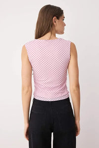 Polka Dot Lined Printed Tulle Fitted Crop Knit Blouse with Bow Detail