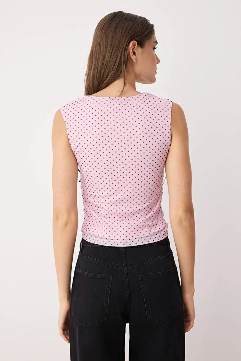 Polka Dot Lined Printed Tulle Fitted Crop Knit Blouse with Bow Detail