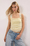 Polka Dot Lined Printed Tulle Fitted Crop Knit Blouse with Bow Detail
