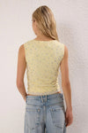 Polka Dot Lined Printed Tulle Fitted Crop Knit Blouse with Bow Detail