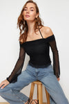 Off-Shoulder Knit Blouse with Tie Detail and Flared Sleeves