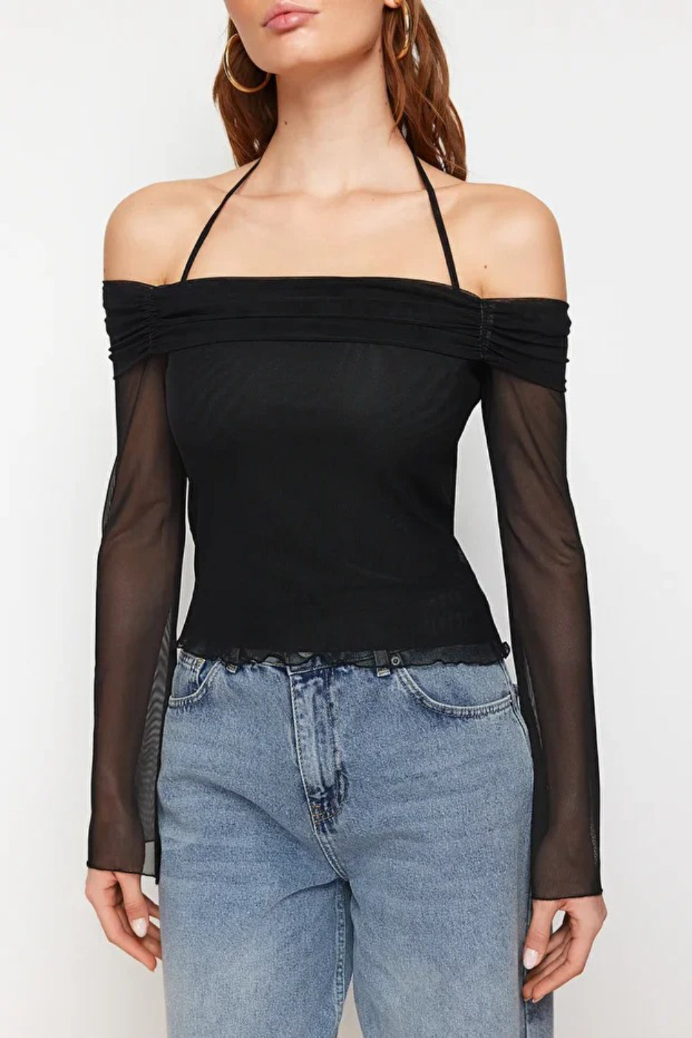 Off-Shoulder Knit Blouse with Tie Detail and Flared Sleeves