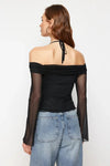 Off-Shoulder Knit Blouse with Tie Detail and Flared Sleeves