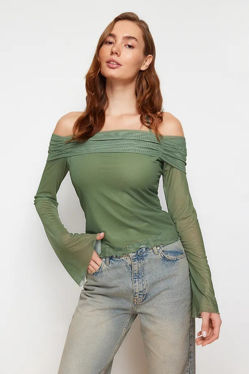 Off-Shoulder Knit Blouse with Tie Detail and Flared Sleeves