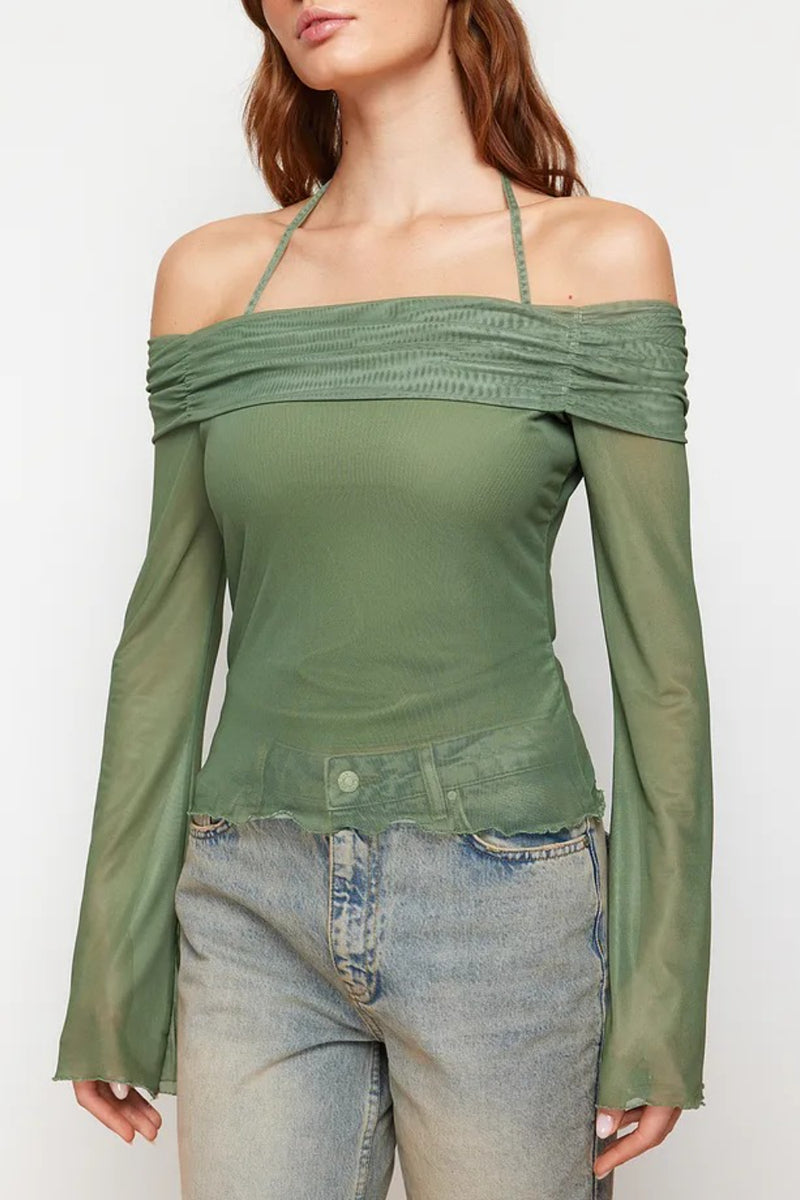 Off-Shoulder Knit Blouse with Tie Detail and Flared Sleeves