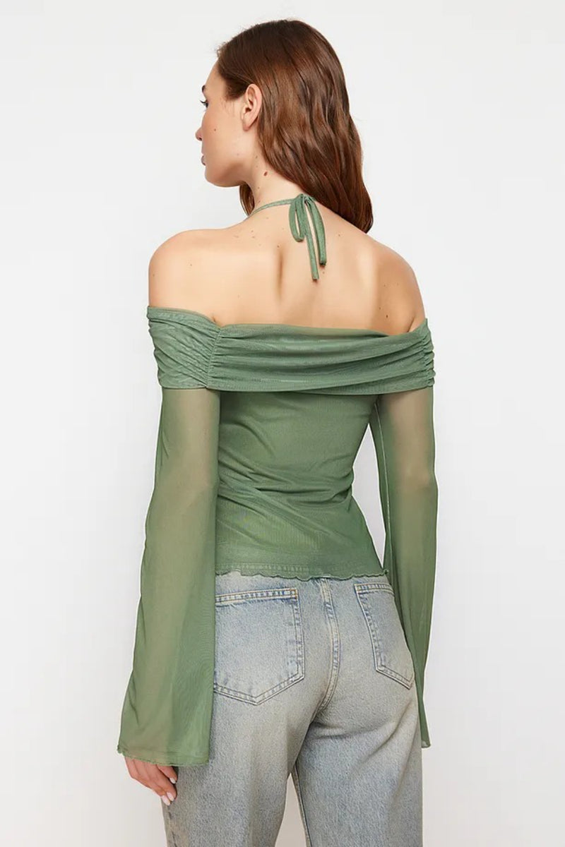 Off-Shoulder Knit Blouse with Tie Detail and Flared Sleeves