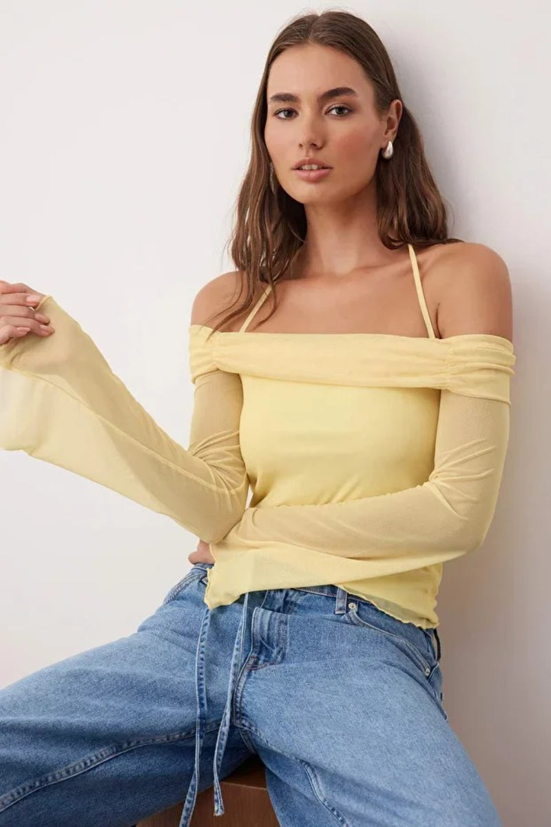 Off-Shoulder Knit Blouse with Tie Detail and Flared Sleeves