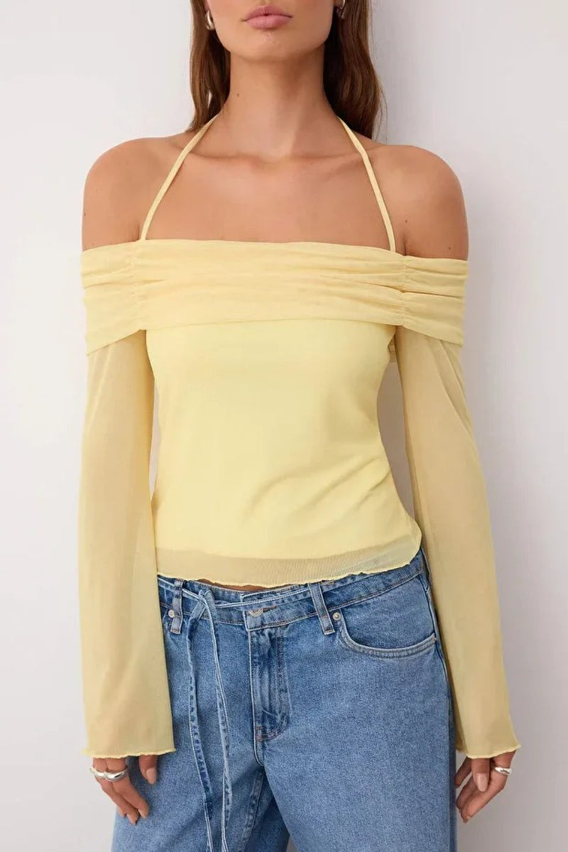 Off-Shoulder Knit Blouse with Tie Detail and Flared Sleeves
