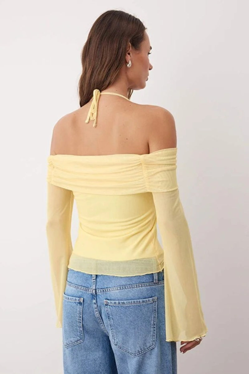Off-Shoulder Knit Blouse with Tie Detail and Flared Sleeves