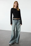Fitted Textured Mesh Stretch Knit Blouse