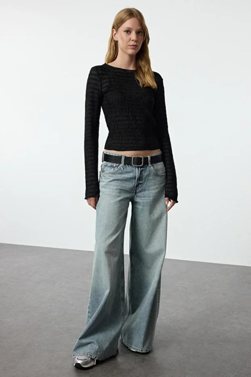 Fitted Textured Mesh Stretch Knit Blouse