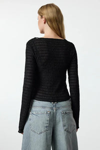 Fitted Textured Mesh Stretch Knit Blouse