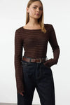 Fitted Textured Mesh Stretch Knit Blouse