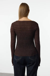 Fitted Textured Mesh Stretch Knit Blouse