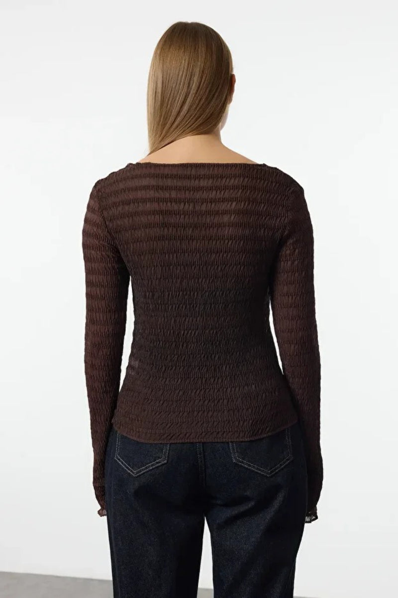 Fitted Textured Mesh Stretch Knit Blouse