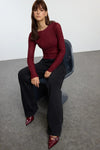 Fitted Textured Mesh Stretch Knit Blouse