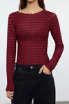 Fitted Textured Mesh Stretch Knit Blouse
