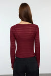Fitted Textured Mesh Stretch Knit Blouse