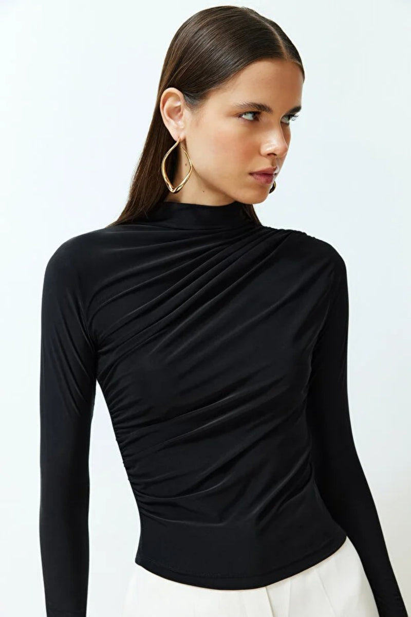 Ruched Square-Neck Fitted Stretch Knit Blouse