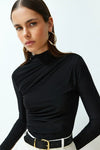 Ruched Square-Neck Fitted Stretch Knit Blouse