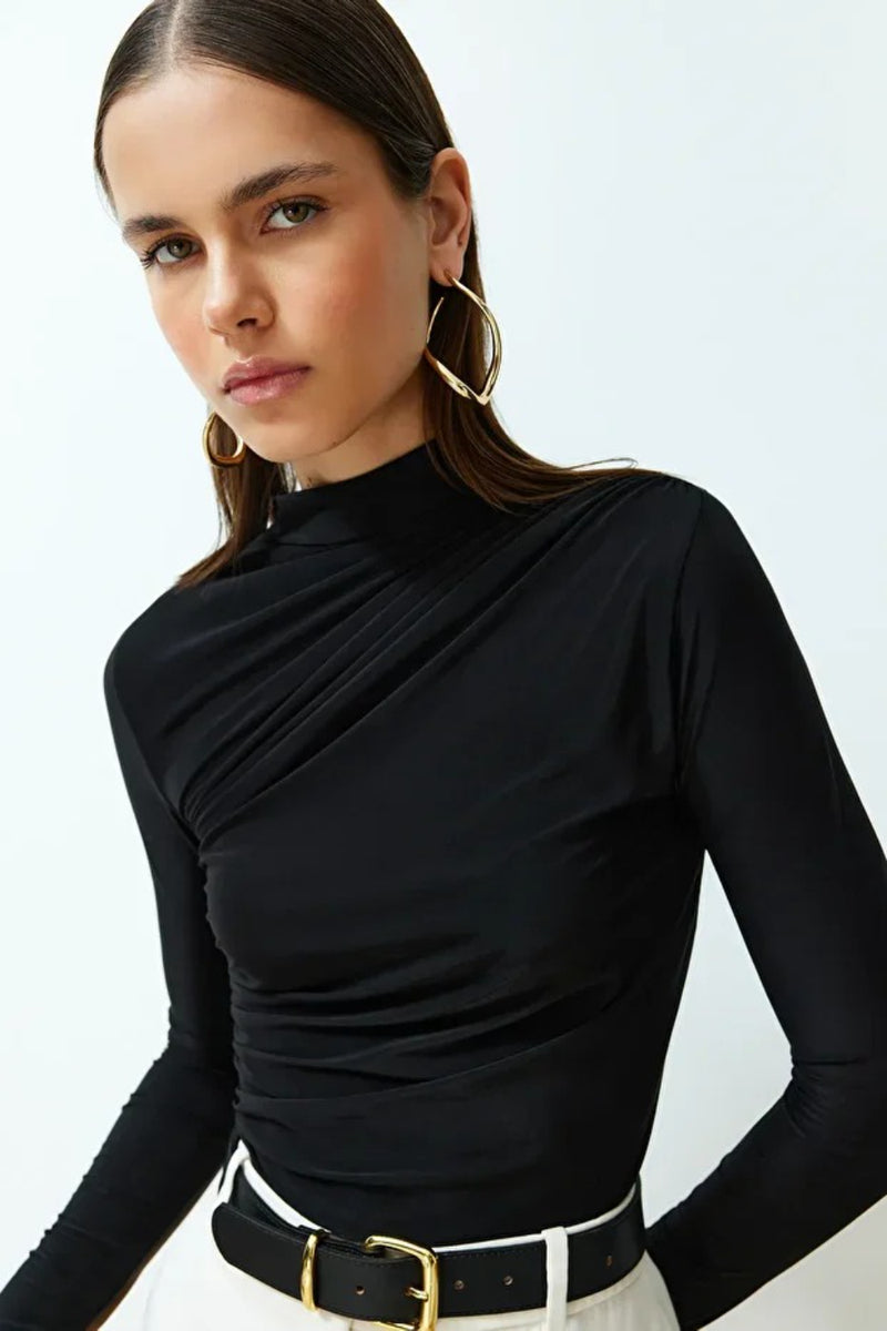 Ruched Square-Neck Fitted Stretch Knit Blouse