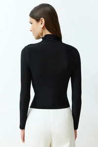 Ruched Square-Neck Fitted Stretch Knit Blouse