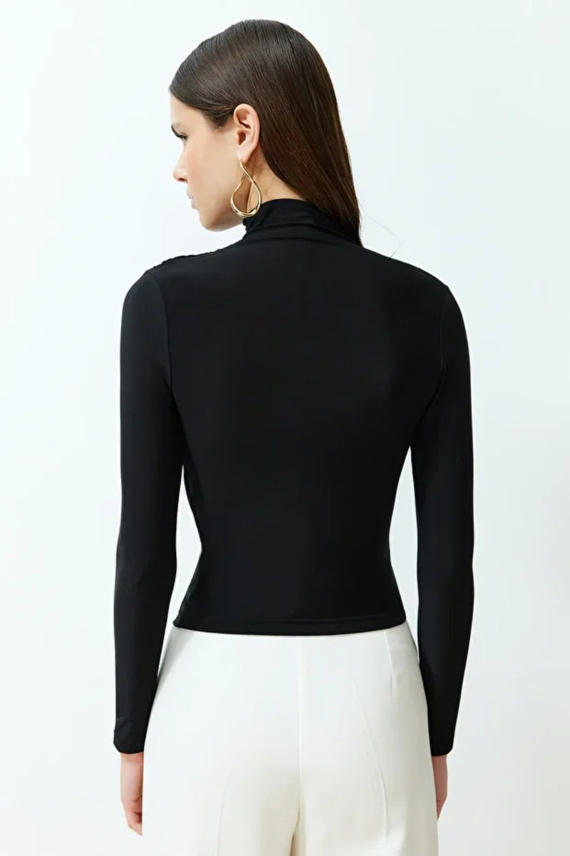 Ruched Square-Neck Fitted Stretch Knit Blouse