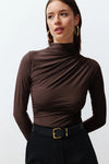 Ruched Square-Neck Fitted Stretch Knit Blouse