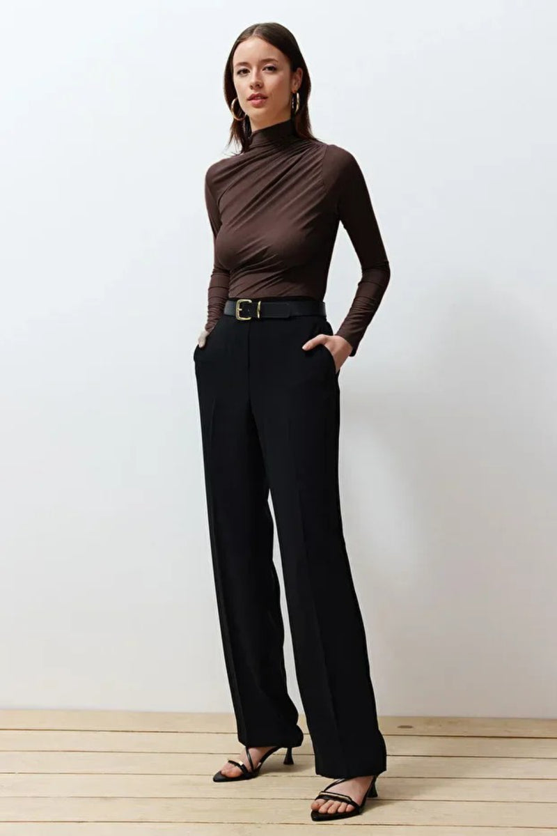 Ruched Square-Neck Fitted Stretch Knit Blouse