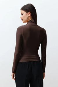 Ruched Square-Neck Fitted Stretch Knit Blouse