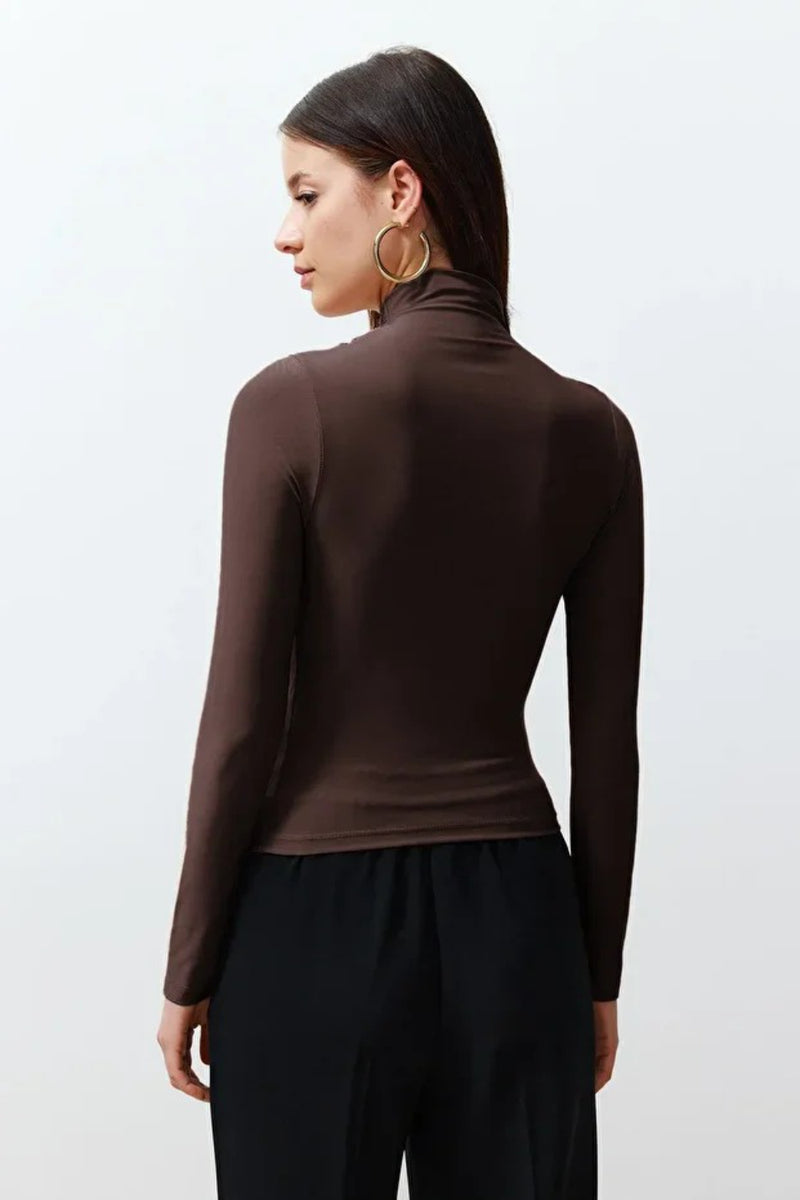 Ruched Square-Neck Fitted Stretch Knit Blouse