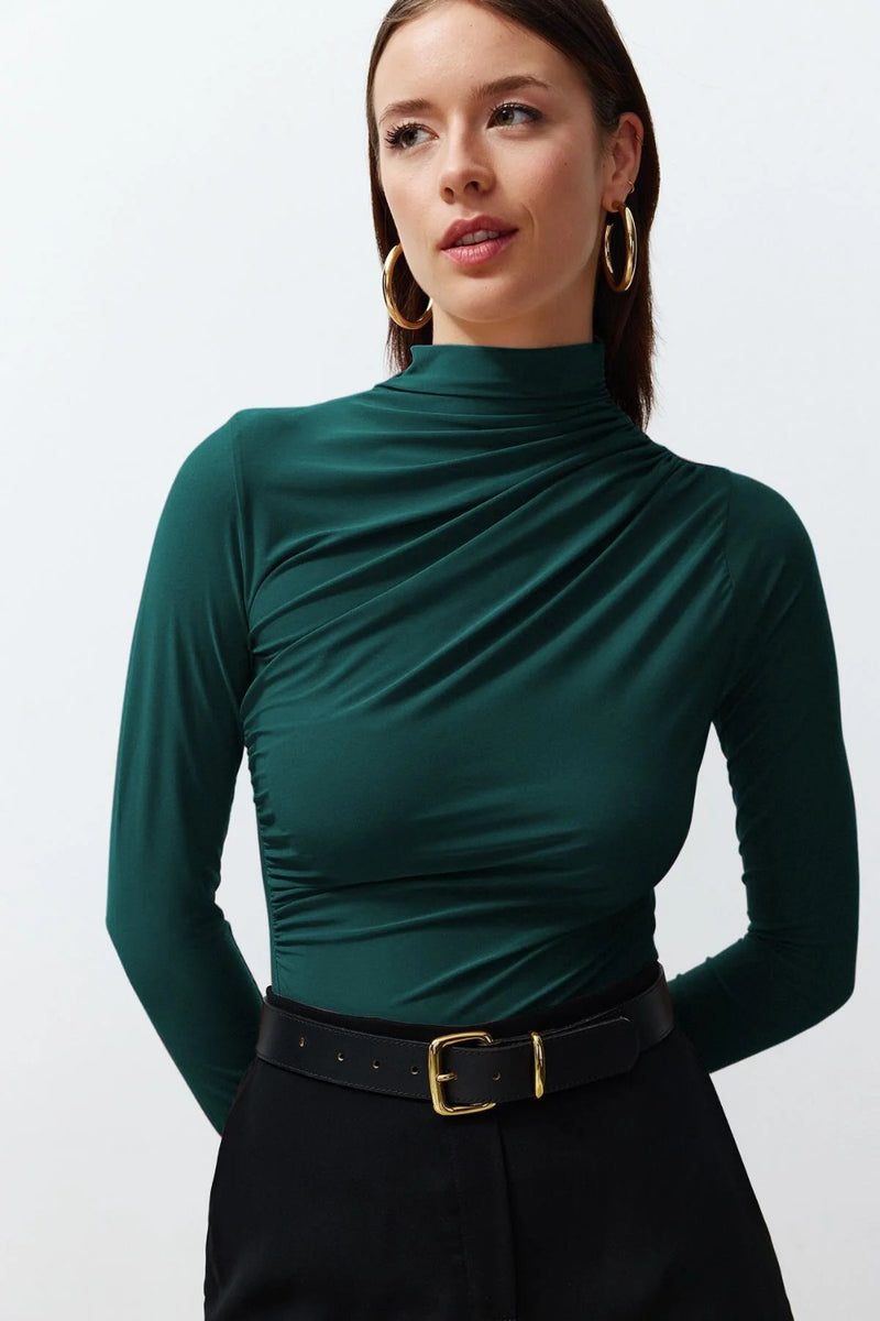 Ruched Square-Neck Fitted Stretch Knit Blouse