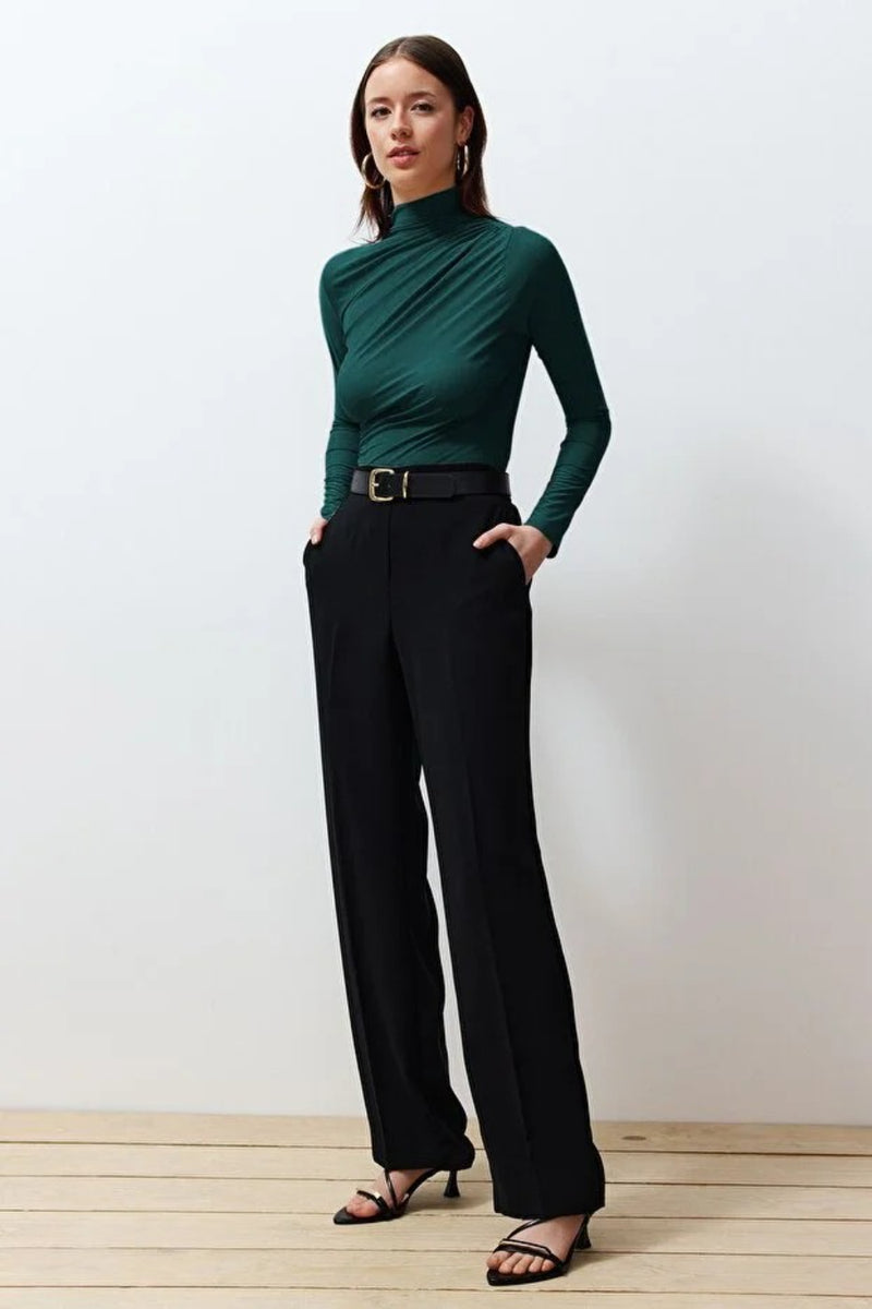 Ruched Square-Neck Fitted Stretch Knit Blouse