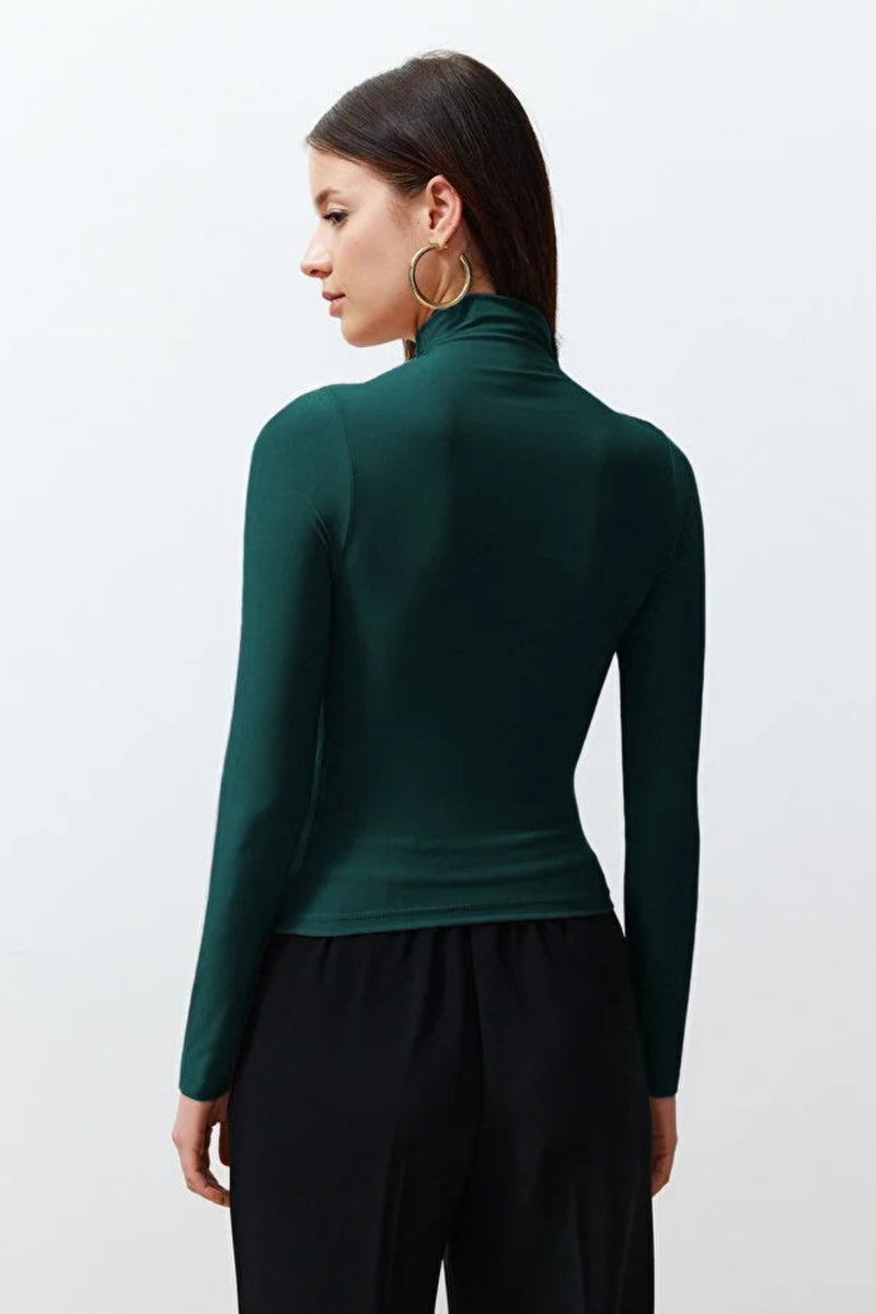 Ruched Square-Neck Fitted Stretch Knit Blouse