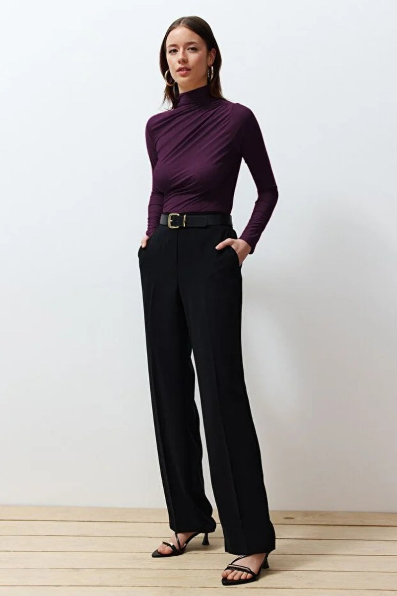 Ruched Square-Neck Fitted Stretch Knit Blouse