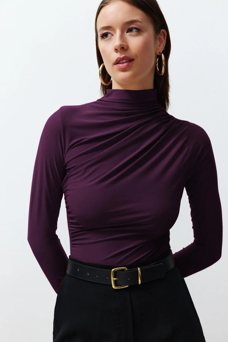 Ruched Square-Neck Fitted Stretch Knit Blouse