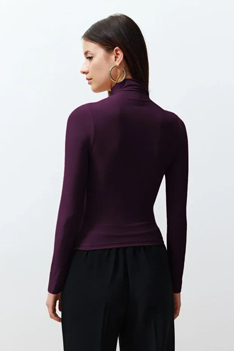 Ruched Square-Neck Fitted Stretch Knit Blouse