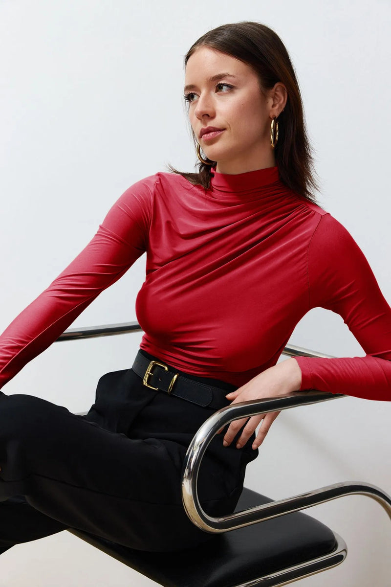 Ruched Square-Neck Fitted Stretch Knit Blouse