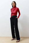 Ruched Square-Neck Fitted Stretch Knit Blouse
