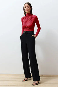 Ruched Square-Neck Fitted Stretch Knit Blouse