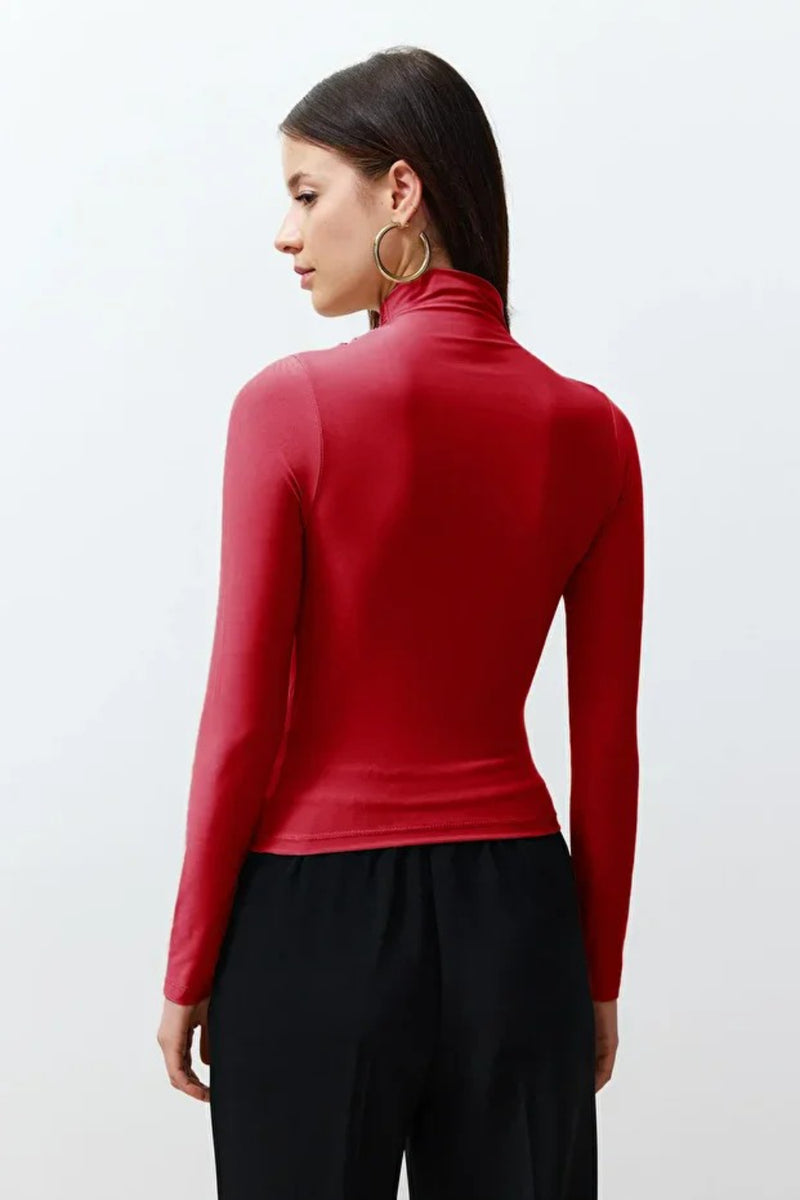Ruched Square-Neck Fitted Stretch Knit Blouse