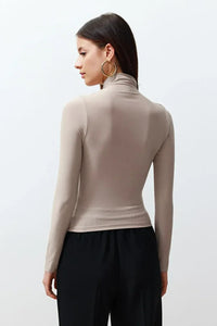 Ruched Square-Neck Fitted Stretch Knit Blouse