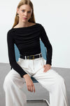 Boat Neck Draped Fitted Stretch Knit Blouse