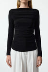Boat Neck Draped Fitted Stretch Knit Blouse