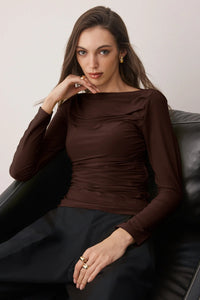 Boat Neck Draped Fitted Stretch Knit Blouse