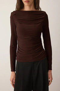 Boat Neck Draped Fitted Stretch Knit Blouse