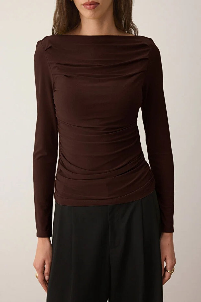 Boat Neck Draped Fitted Stretch Knit Blouse