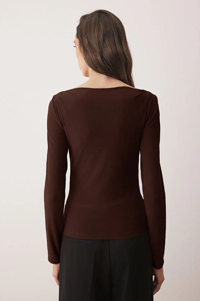 Boat Neck Draped Fitted Stretch Knit Blouse