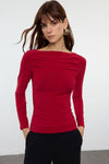 Boat Neck Draped Fitted Stretch Knit Blouse