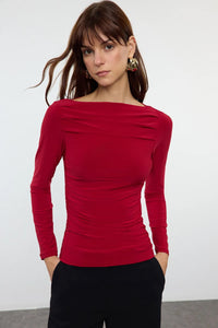 Boat Neck Draped Fitted Stretch Knit Blouse